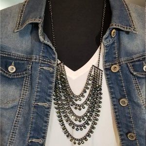 Hematite plated, aurora borealis glass beads, 16" - 24" five-strand necklace.